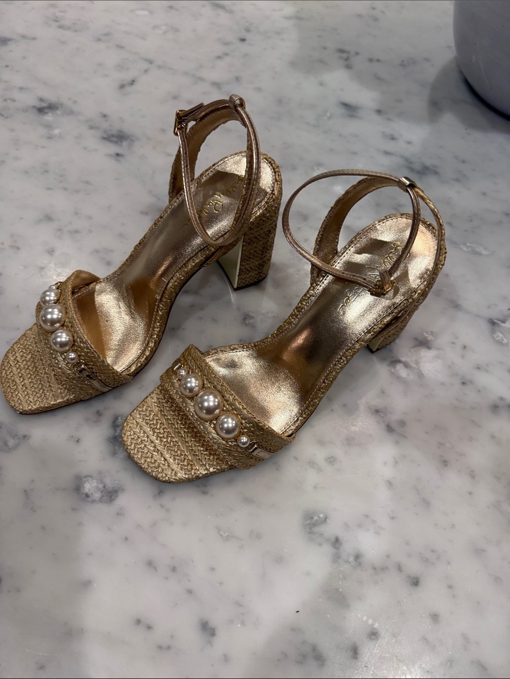 Gold Raffia Pearl-Embellished Women's Block Heel Sandals